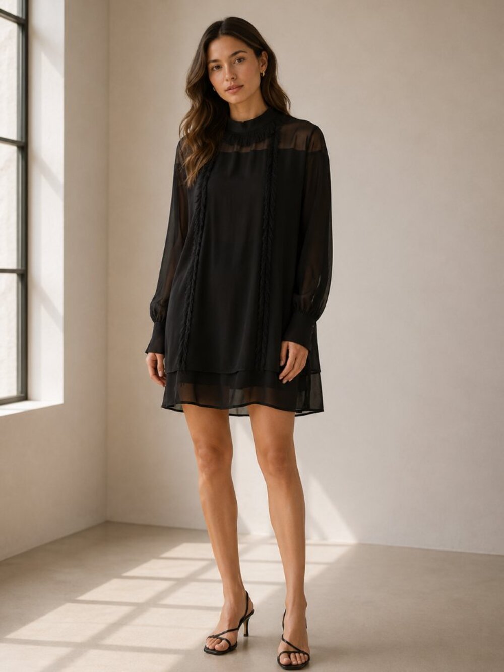 3.1 Phillip Lim Black 100% Silk Chiffon Dress Sheer Long Sleeve Midi Size 0 0478